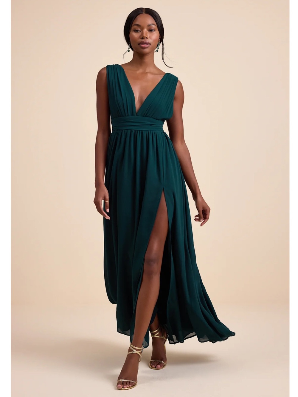 Lulus Heavenly Hues Emerald Green V-Neck Chiffon High Slit Maxi Dress Event